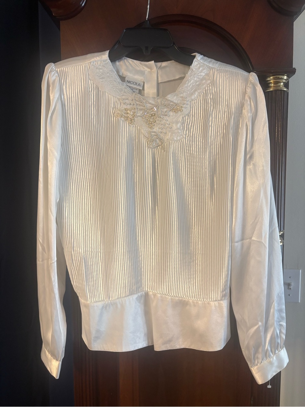 NICOLA Ivory Satin Pintuck Blouse with Beaded Lace Yoke